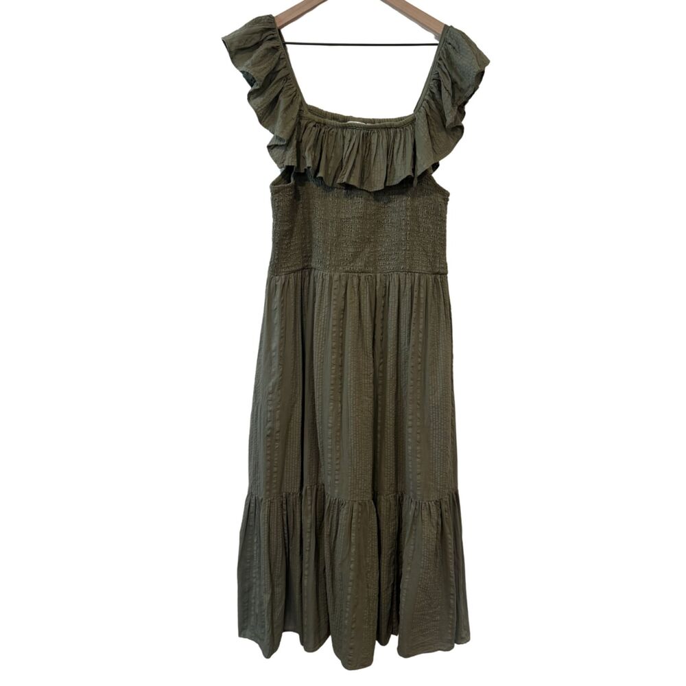 Dotti Green Cotton Smocked Tiered On/Off Shoulder Ruffle Midi Maxi Dress Sz XL